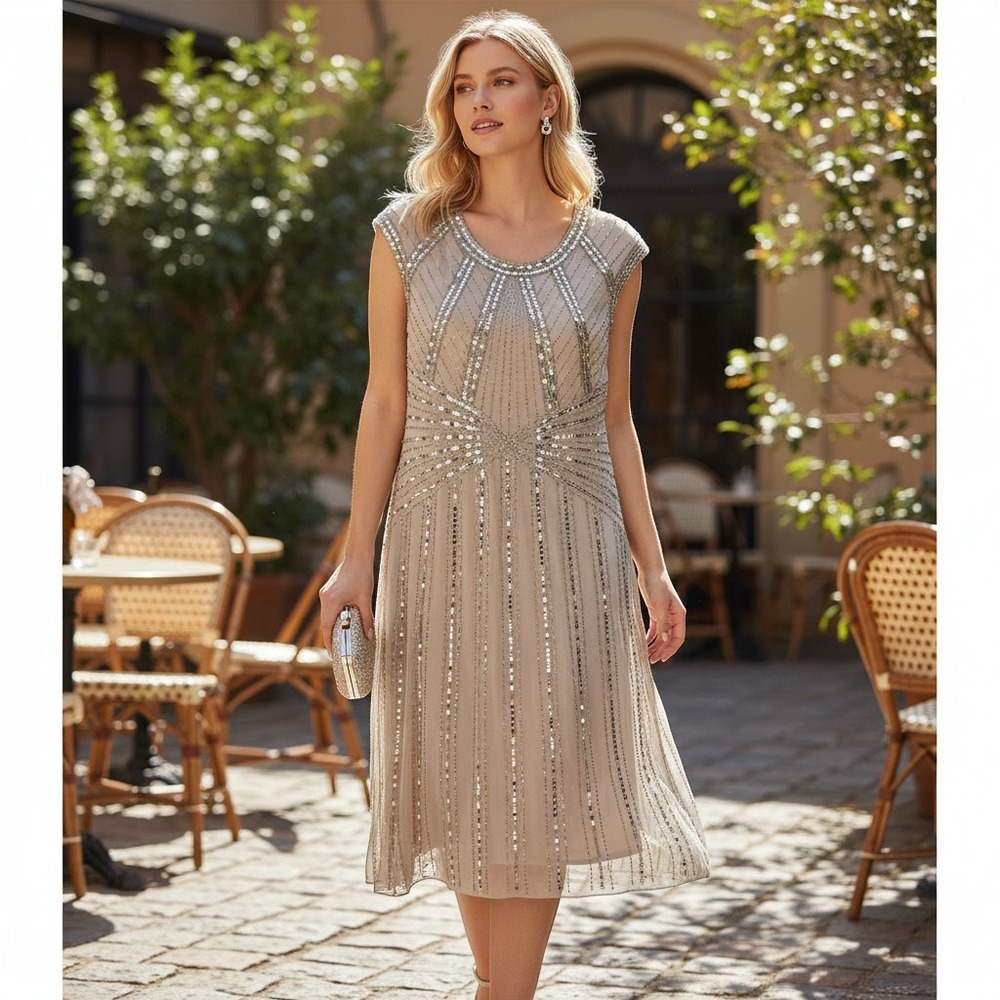 Beaded Taupe Midi Dress with Cap Sleeves